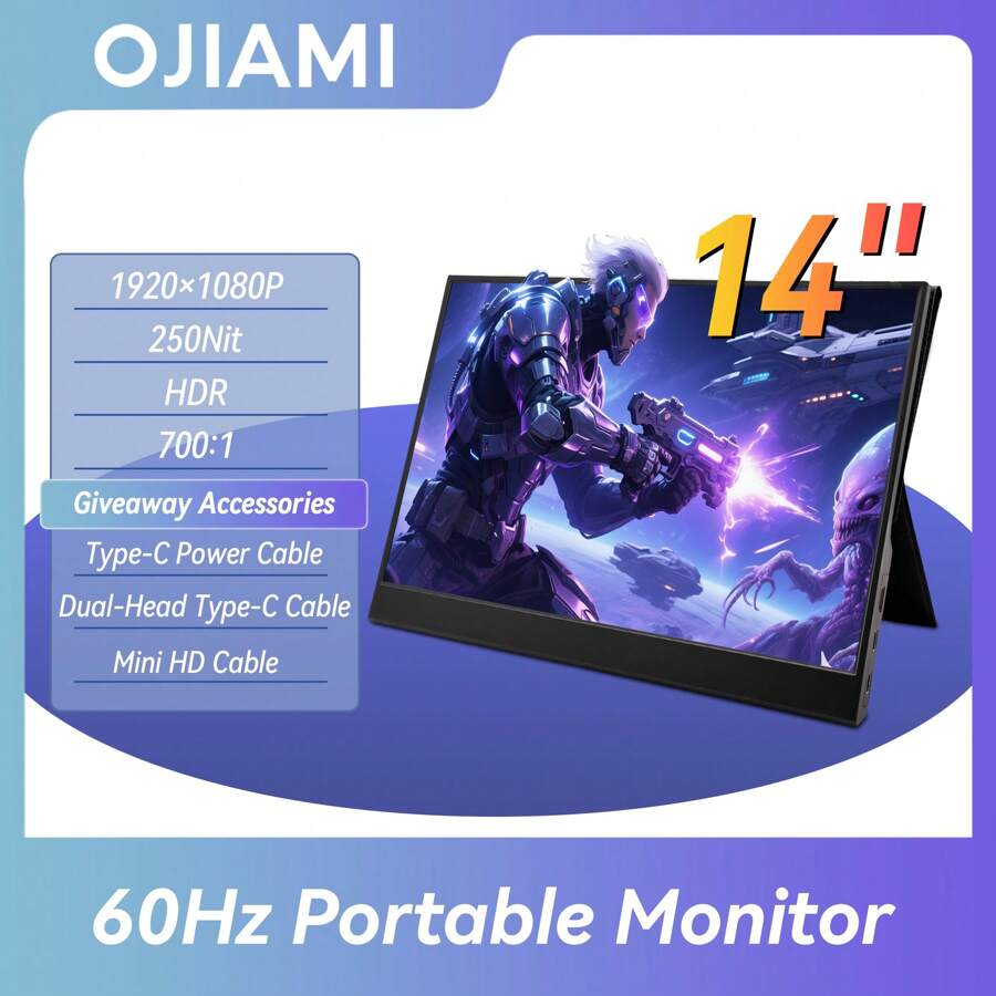 Monitor portátil externo OJIAMA de 14 pulgadas, 1920*1080P, 60Hz, relación de aspecto 16:9, altavoces incorporados, 100% SRGB, ultradelgado, negro, segunda pantalla para teléfonos/portátiles/sobremesas, PS/Switch, juegos, MINI HD, interfaz USB a Tipo C, sin adaptador