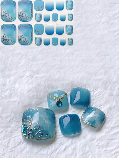 3D Colorful Faux Crystal Nail Stickers, Travel Outfit Accessory, Summer Women's Nail Art Decor, V-Shaped Blue Crystal Gold Trim Design, 22pcs Toe Nail Stickers