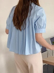 女式夏季后背荷叶边短袖衬衫 - 藍色 - 查看 1