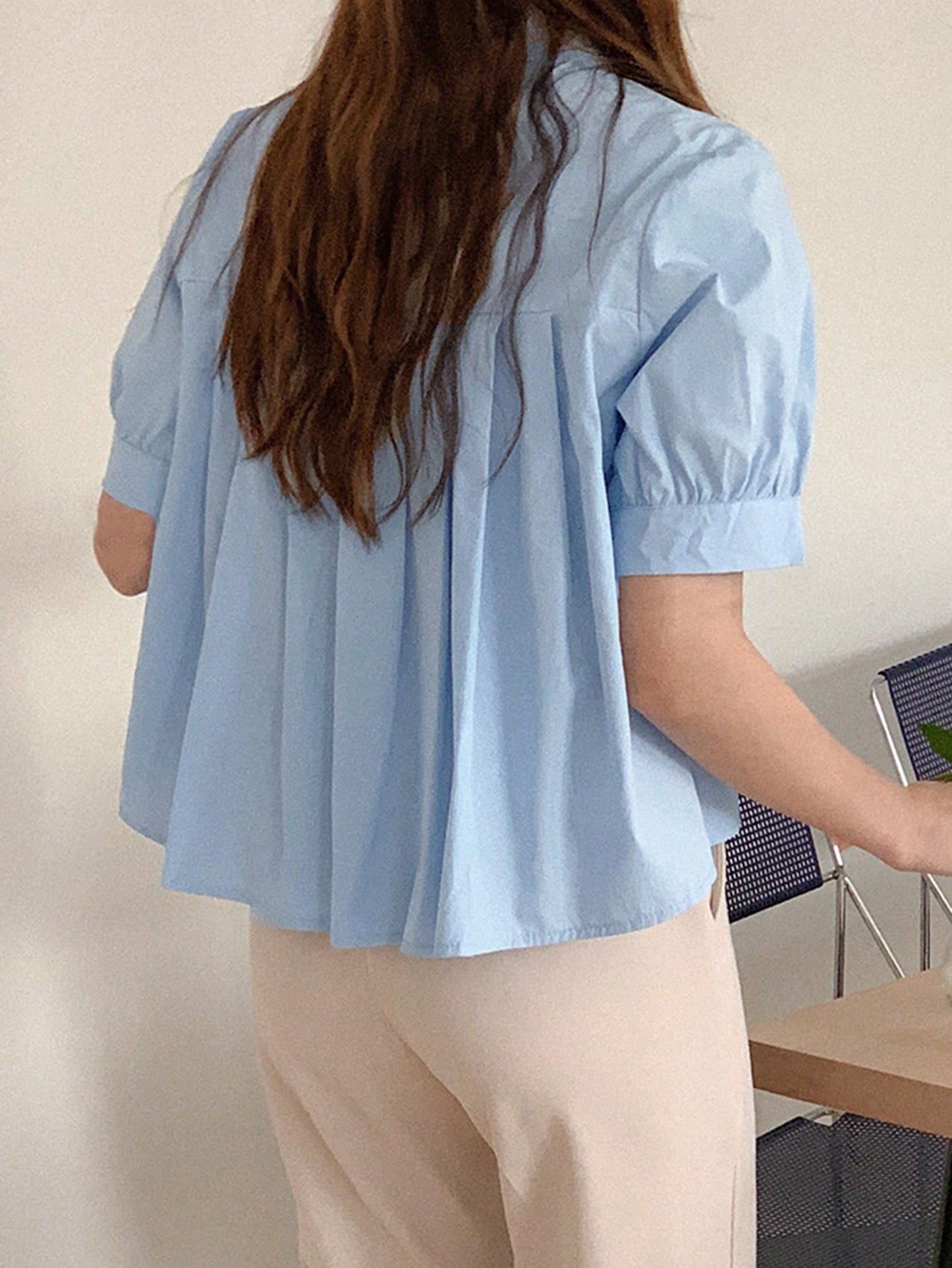 女式夏季后背荷叶边短袖衬衫 - 藍色 - 查看 1