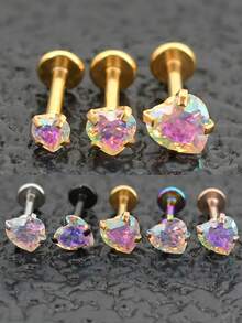 3 sztuki w opakowaniu Fantastyczny tęczowy kolor 3/4/5 mm imitacja kryształu cyrkonii serce kolczyki do nosa kolczyki do nosa ze stali nierdzewnej labret kolczyki do warg helisa kolczyki do chrząstki dla kobiet mężczyzn biżuteria do ciała 16G 1,2 x 6 mm płaski słupek