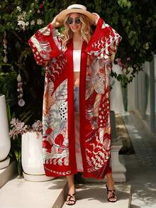 Plus Size Women's Leaf Print Vacation Cardigan Kimono Long Sleeved Dress Bikini Cover Up Bohemian Style Summer - Red - View 3