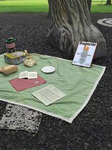 1pc Charming Green & White Plaid Rectangular Picnic Blanket - Woven Rayon Tablecloth With Lace Trim, Suitable For Winter Camping, Beach Outings, Photography Backdrop, Picnic Accessories - Green - View 5