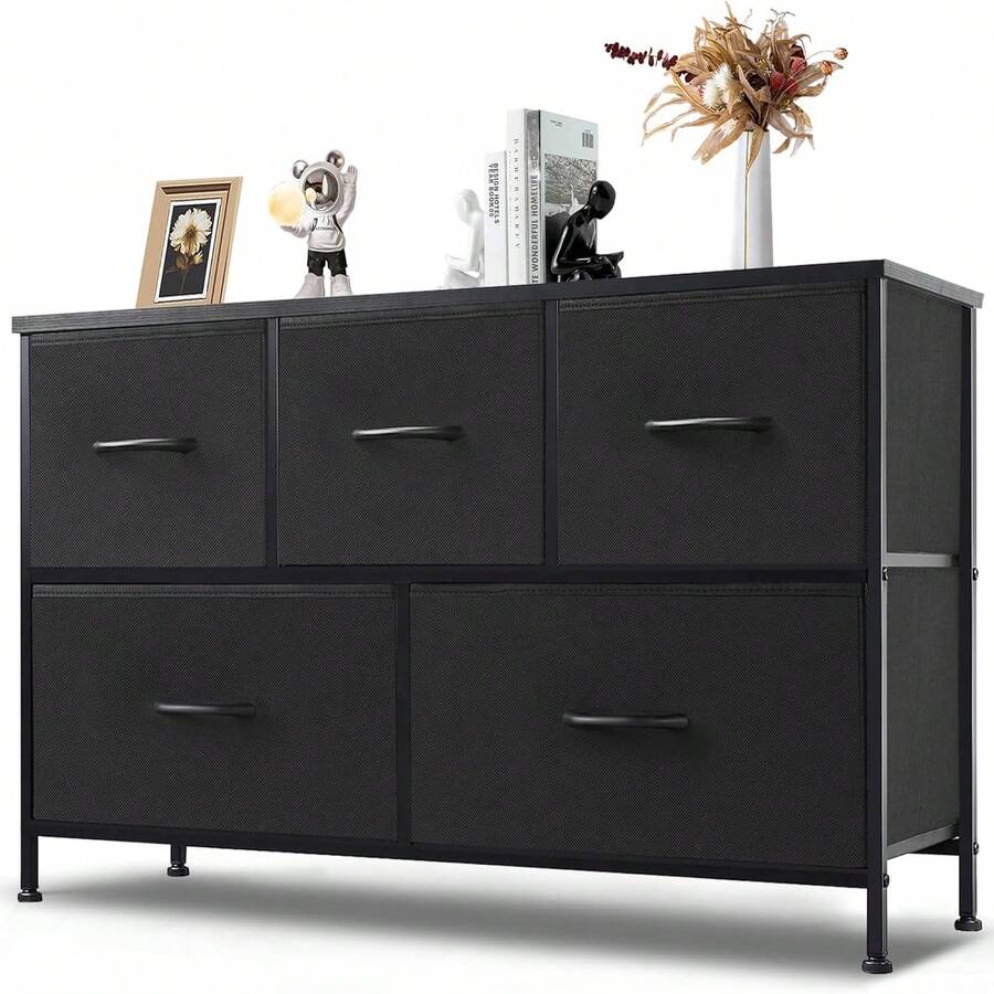 Chest Of Drawers - Chests Of Drawers & Sideboards Suitable For Bedrooms, Chest Of Drawers With 5 Drawers, Fabric Chest Of Drawers With Sturdy Steel Frame, Ideal For Bedrooms, Living Rooms, Lockers - màu đen - Xem 1