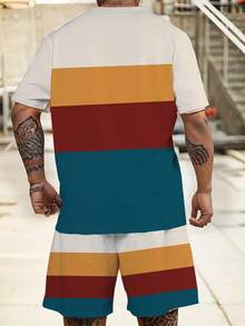 Bộ đồ thể thao vá họa tiết "Plaid Color Block" phong cách tối giản dành cho nam - Vải dệt kim Polyester, Thiết kế cổ tròn, Có quần short rút dây, Chi tiết túi, Dáng vừa vặn, Phù hợp với người ngoại cỡ - Nhiều màu - Xem 2