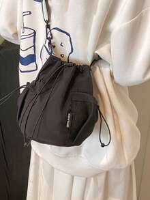 Mini Fashionable Crossbody Bag With Letter Icon & Drawstring Pocket Design, Versatile School Supplies - Black - View 2