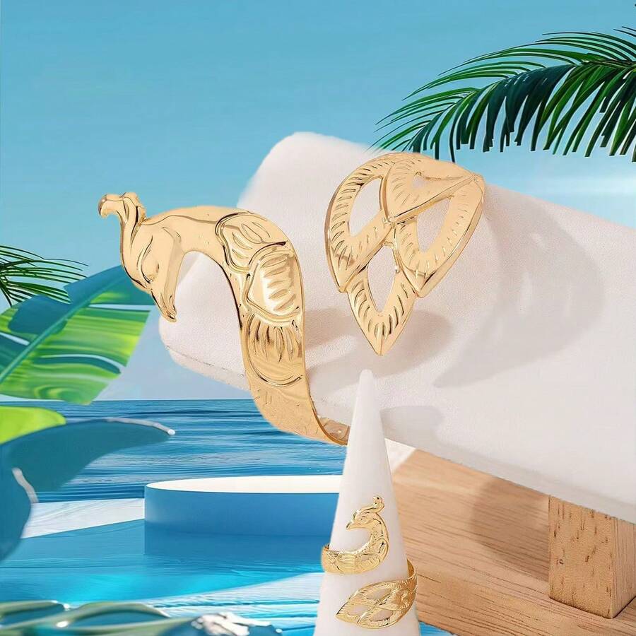 2pcs Fashionable Personalized Exaggerated Peacock Bracelet & Ring Set, Suitable For Ladies Party Wear - Yellow Gold - View 1