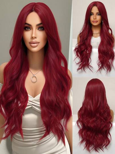 Fashionable Red Long Loose Wavy Wig 34 Inches Center Part Bangs Soft And Fluffy Heat-Resistant Fiber Suitable For Daily Wear, Holiday Gatherings, Wedding Parties, Halloween, Christmas, Cosplay, Y2K Winter Casual Street Style, And More Occasions