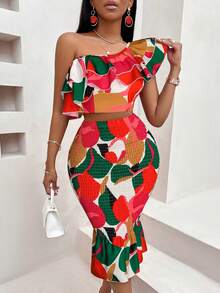 Women's 2-Piece Set (Floral Pattern Random), Asymmetrical Shoulder Top And Skirt - Orange - View 3
