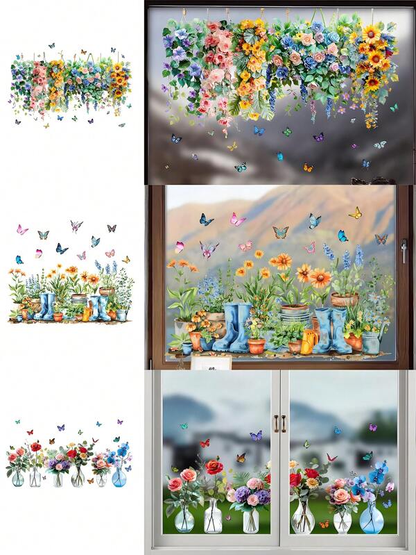 1pc Creative Wildfloral Window Clings, Glass Bottle Bouquet Window Sticker, Flower Vine Butterfly Window Decal, Double-Sided Watercolor DIY Flower Decor For Fall Mirror Glass School Windows Home Classroom Office Shop Display For Spring Theme Party Supplies