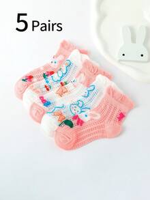 5 Pairs Girls Cute Rabbit & Bow Print Mesh Mid-Calf Socks, Thin Breathable Princess Style Socks For Summer