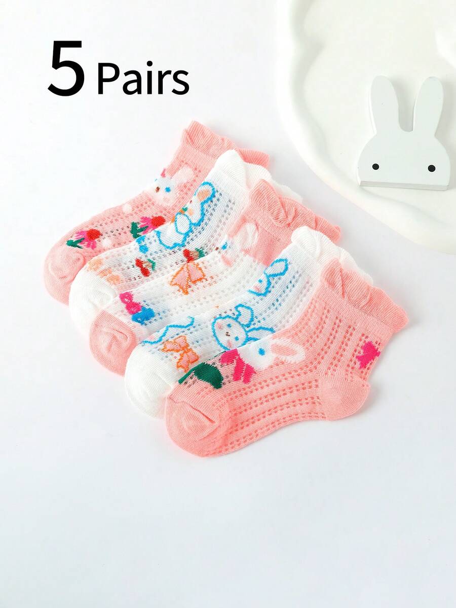 5 Pairs Girls Cute Rabbit & Bow Print Mesh Mid-Calf Socks, Thin Breathable Princess Style Socks For Summer