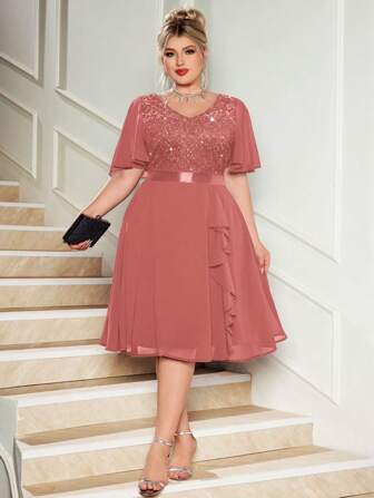 Plus V-Neck Sequin Floral Lace Contrast Chiffon Butterfly Sleeve Ruffle Hem Evening Party Swing Dress, Elegant Prom Semi Formal Wedding Guest Dress, For Birthday, Graduation, Dinner Date