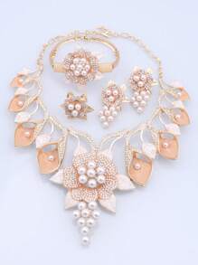 Vintage Luxury Artificial Crystal & Pearl Statement Necklace, Earrings, Bracelet, And Ring Set, 18K Gold Plated Synthetic August Birthstone Jewelry Set For Women, Perfect For Wedding And Party Occasions - Valentine's Day Gift-Compatible