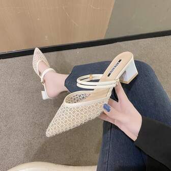 2024 New Versatile Fairy Style Quality Medium Heel Square Toe Slip-On Sandals, Suitable For Women In Summer