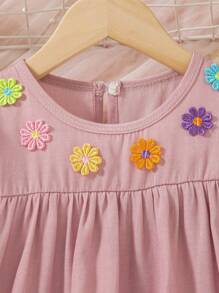 Young Girls Colorful 3D Floral Puff Sleeve Ruched Denim Effect Dress