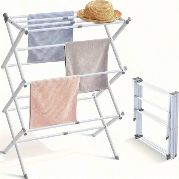 1pc Adjustable & Extendable 3-Tier Clothes Drying Rack, Foldable Metal Laundry Towel & Garment Drying Stand - White/Grey, Clothes Drying Rack