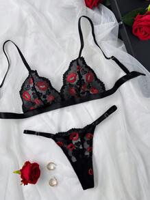 1 Set di lingerie sexy da donna in 3 pezzi con ricamo di labbra rosse in rete trasparente, body con inserti in pizzo