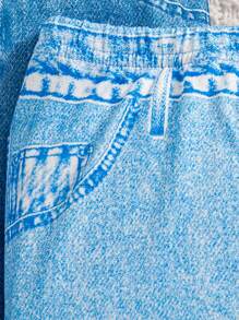 3pcs Girls Denim Effect Print Fitted Pants Set