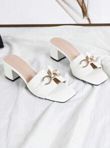 Chunky Heel Versatile Slip-On Minimalist Metal Buckle Women Sandals, Elegant Open Toe White High Heel Sandals