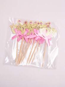 1set/5pcs,Golden Crown Ribbon Cupcake Skewers With Pink Bow Accents - Perfect For Decorating Birthday Parties, Weddings, Dessert Cupcakes, Cocktail Skewers, Suitable For Gatherings, Party Celebrations, And Corporate Events