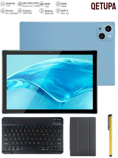 Qetupa 10.1英寸 M19 安卓14平板电脑，3GB RAM + 64GB ROM，MTK 6755 四核 1.6GHz 处理器，高清 (1280x800) IPS 触控屏，支持蓝牙 5.2 和 802.11ac WiFi 5，GPS，200万像素前置摄像头和 500万像素后置摄像头，6000mAh 大容量电池，是圣诞节和生日的最佳礼物，不支持 SIM 卡