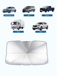 可伸缩汽车遮阳板 - 钛银色材质，防紫外线，易于使用和存放，快速打开和关闭，阻挡紫外线，有效降低车内温度，耐用轻巧的设计，完全覆盖前挡风玻璃，配有小皮套