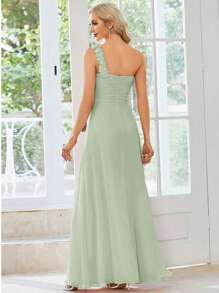 Robe de demoiselle d'honneur verte sauge élégante avec fleur à l'épaule et corsage froncé, robe de soirée pour invité de mariage