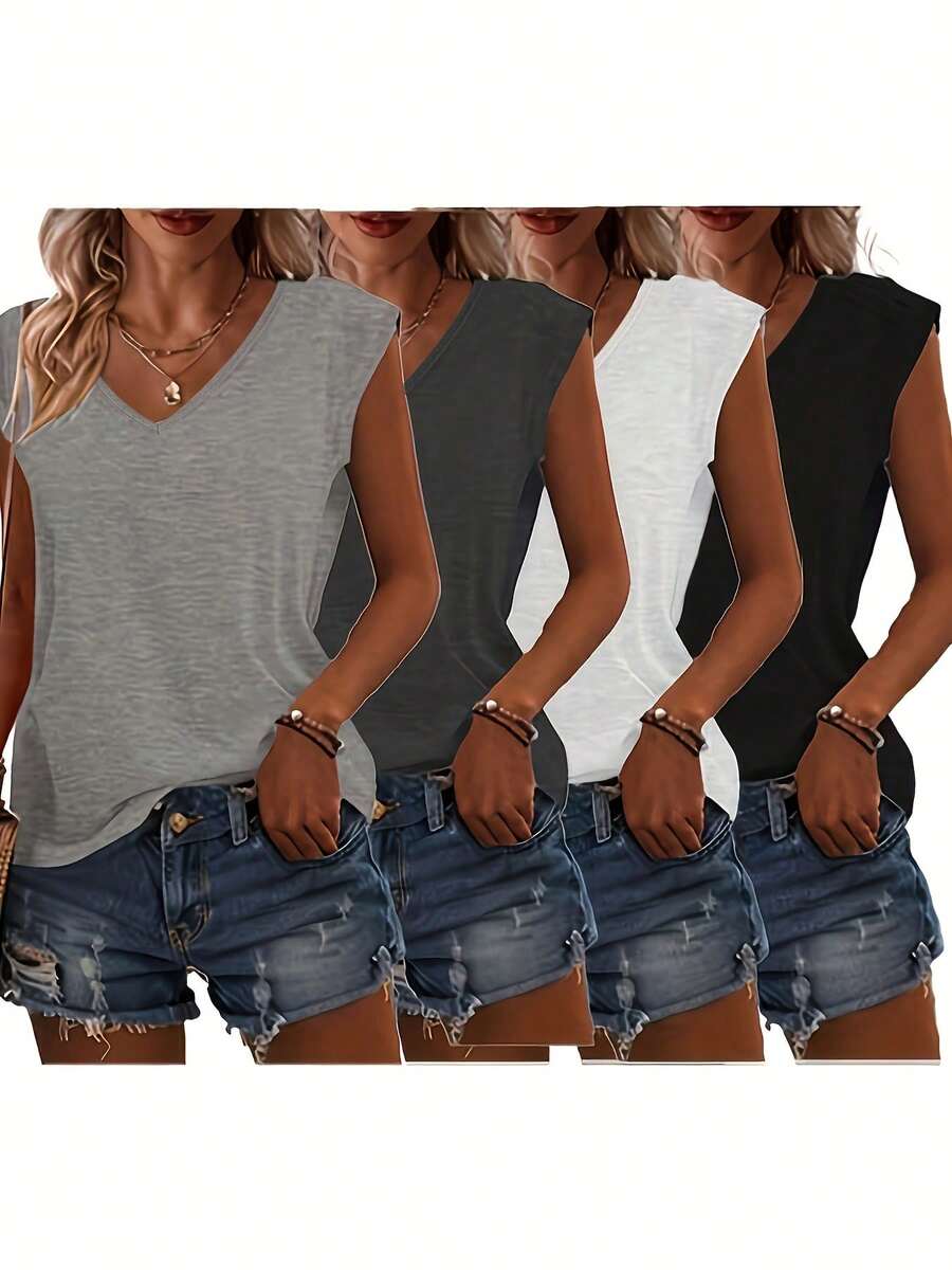 4 Stücke einfarbiges T-Shirt mit V-Ausschnitt und kurzen Ärmeln, lässige Damenoberteile für Frühling und Sommer