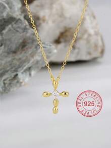 Artepollo 1pc 925 Sterling Silver Low Allergy Cross Design Pendant Necklace, Inlaid With Sparkling Cubic Zirconia, Gift For Friend, Girlfriend, Holiday, Birthday - one-size - View 1