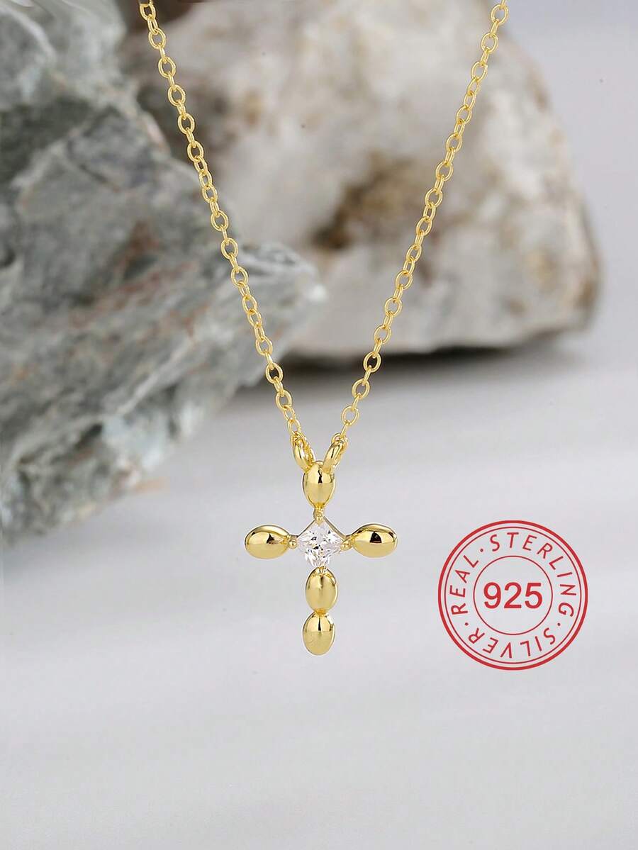 Artepollo 1pc 925 Sterling Silver Low Allergy Cross Design Pendant Necklace, Inlaid With Sparkling Cubic Zirconia, Gift For Friend, Girlfriend, Holiday, Birthday - one-size - View 1