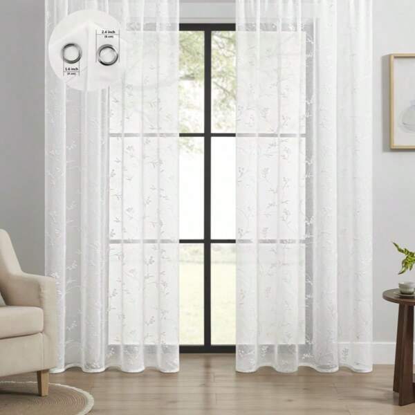 2 piezas de elegantes cortinas de gasa bordadas con flores - con ojales superiores, 100% poliéster, livianas y transpirables, lavables a máquina, estilo moderno, cortinas con bordado floral y lazos - que bloquean los rayos UV, filtran la luz, diseño contemporáneo, adecuadas para la decoración de la sala de estar, comedor, dormitorio u oficina