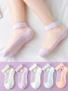 5 Pairs Daisy Kids Socks, Girls' Thin Mesh Crystal Ice Silk Ankle Socks, Spring/Summer - Multicolor - View 2