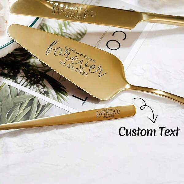 2pcs Customized Personalized Wedding Cake Cutting Set, Stainless Steel Material Bread Knife Triangular Pizza Shovel, Suitable For Birthday Party, Holiday, Anniversary And More Occasions