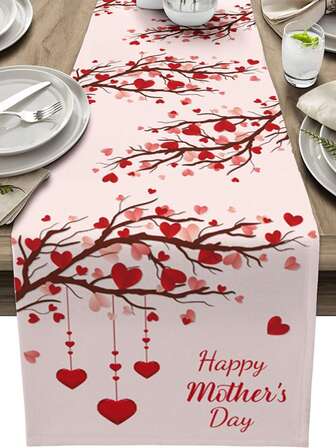 1 Pc Heart Mother's Day Table Runner, Seasonal Floral Kitchen Dining Table Decoration For Home Party Decor
