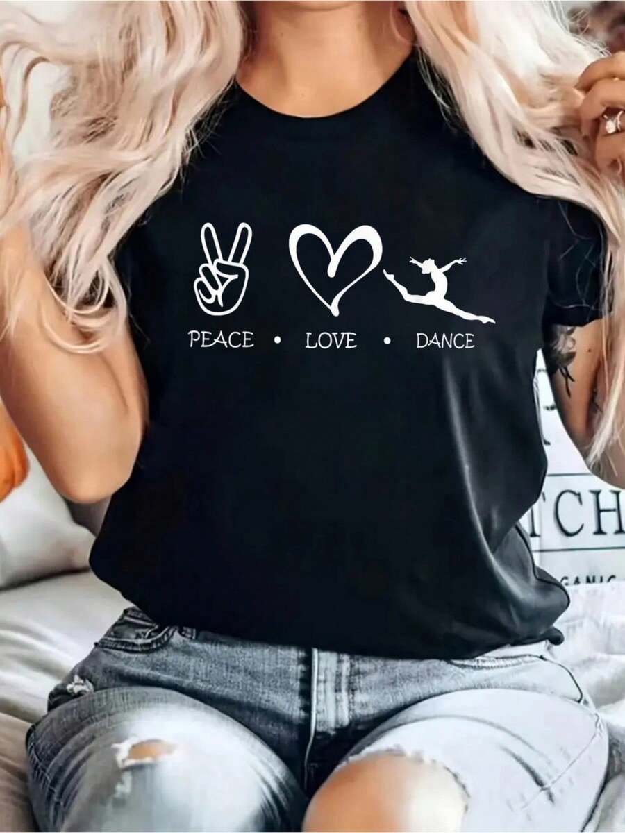 Camiseta de Manga Corta 100% Informal para Mujer - Camiseta con Cuello Redondo con Estampado de Corazón Peace Love Dance, Tejido Transpirable Ligero de 210 g/m², Ropa Informal Lavable a máquina para Primavera y Verano - Premium - Negro - Ver 1