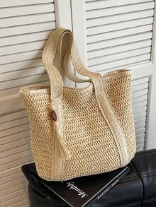 New Fashionable Versatile Tote Bag, Beach Vacation Bag, Lightweight Elegant Woven Design, Bohemian Style Small Shoulder Handbag, Large Capacity, Suitable For Women, University Students, Teenagers, With Tassel Pendant, Boho - Beige - View 14