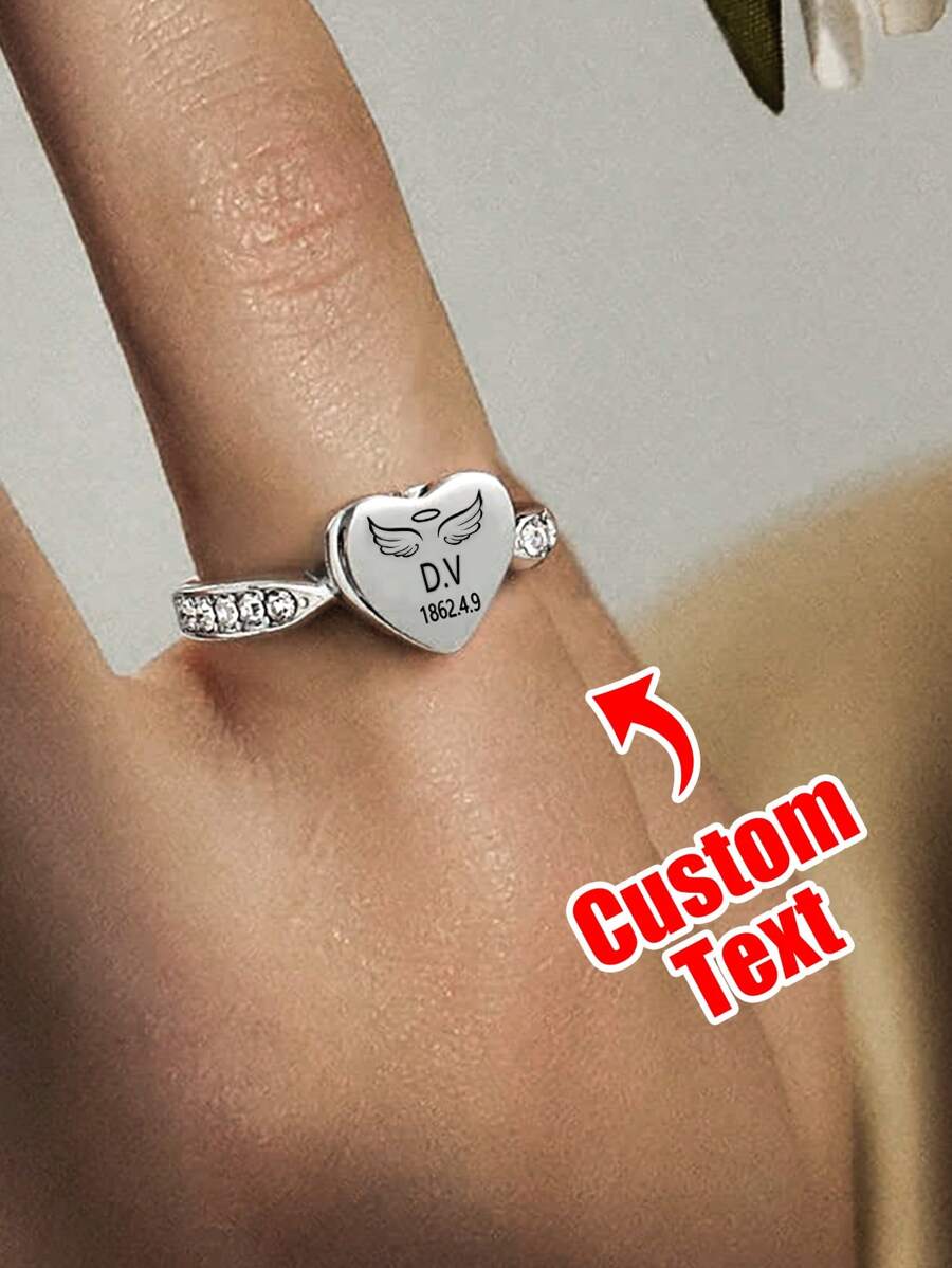 Personalized Custom Engraved Tiny Angel Wings & Heart Memorial Ring – Holds Human/Pet Ashes | Personalized Stainless Steel Cremation Keepsake For Dogs/Cats | Eternal Love Memorial Jewelry
