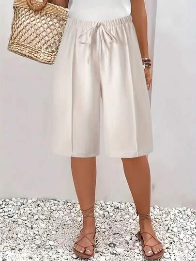 Women's Plus Size Solid Color Wide-Leg Shorts With Faux Drawstring - Lightweight Polyester, Casual Vacation Style, Machine Washable