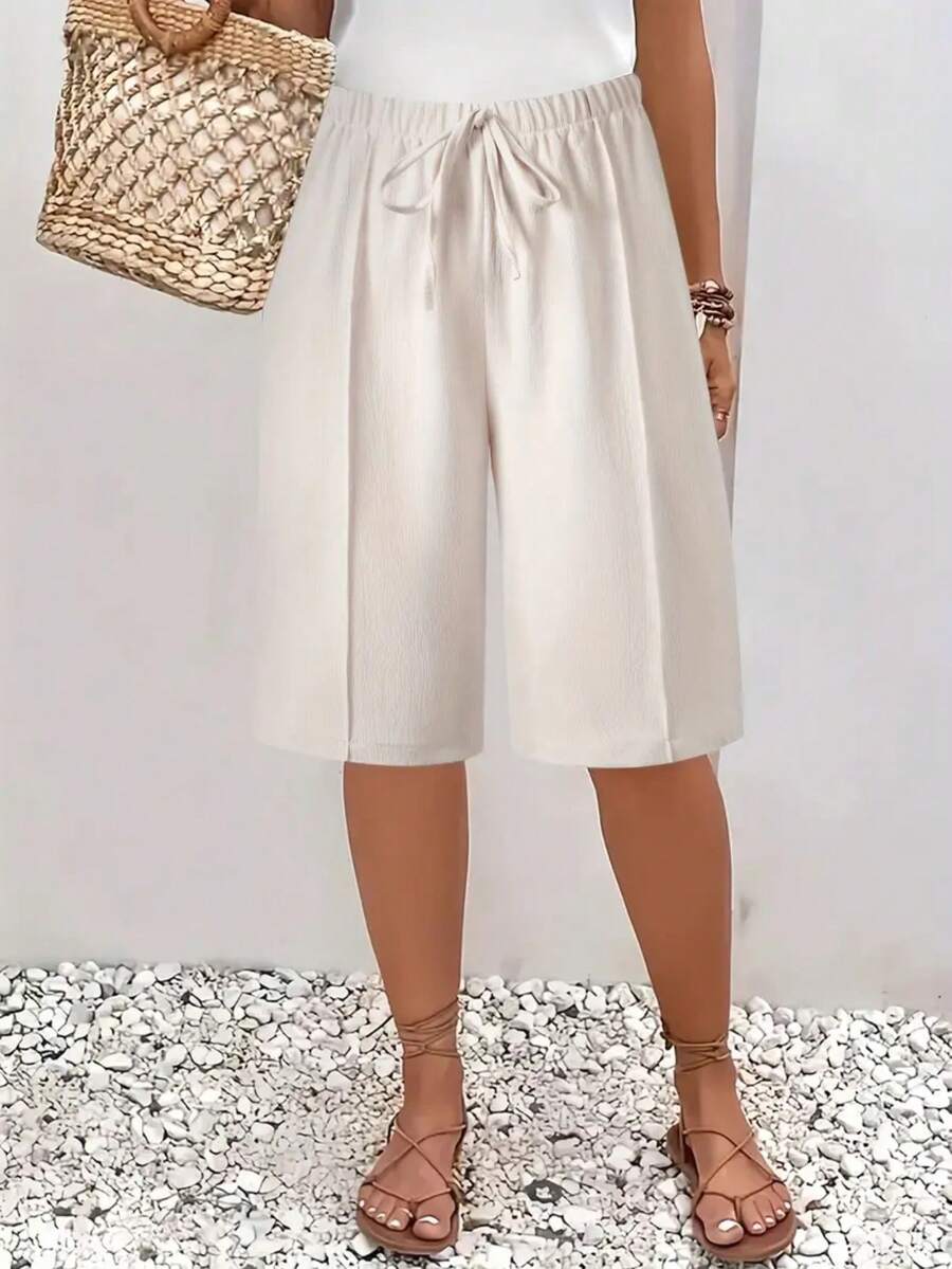 Plus Size Women's Solid Color Wide Leg Shorts With Faux Drawstring - Lightweight Polyester Fabric, Casual Vacation Style, Machine Washable - Apricot - View 1