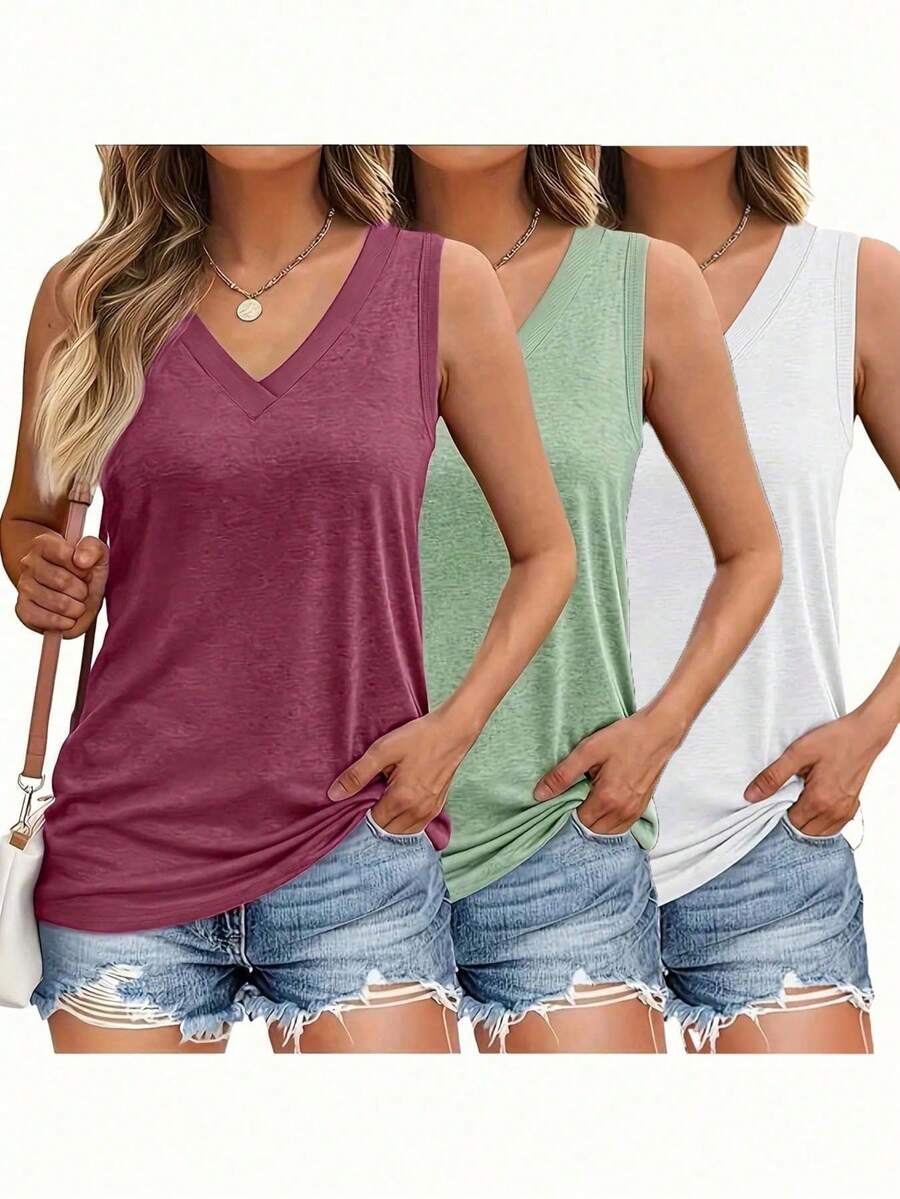 3pcs V-Neck Casual Loose Sleeveless Tops, Women Clothing, Summer & Spring - Multicolor - View 1