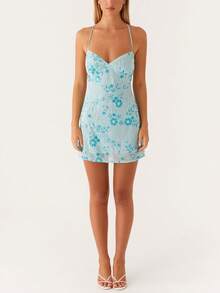 Womens Sequin Mini Dress Y2k Sparkly Floral Spaghetti Strap V Neck Bodycon Short Dress Sexy Backless Pearl Embellished Glitter Rhinestone Going Out Cami Dress Cocktail Party Club Streetwear - 藍色 - 查看 3