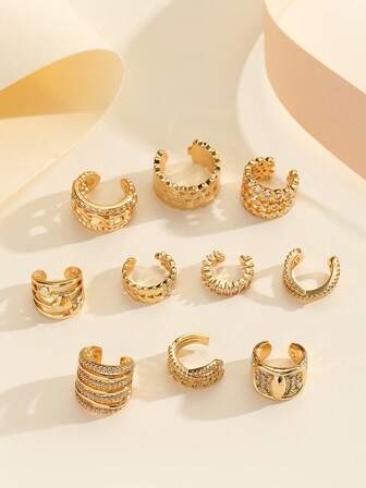 1 pieza Pendiente de oreja con doble capa de rhinestones, estilo minimalista, para orejas sin perforar, chapado en cobre, y diseño sofisticado