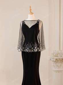 Nuovo mantello/scialle scintillante in paillettes e rete, abito elegante con orlo a sirena, adatto per matrimoni, eventi formali, feste, abito da festa, abito da sera, per invitati a matrimoni