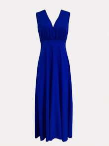 Women's V-Neck Sleeveless Waist-Cinching A-Line Dress, Solid Color Casual Comfortable For Outdoor, Summer