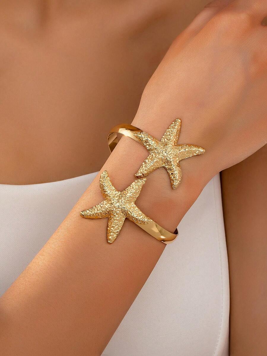1 件女士海洋风格金属金色海星开口手链，适合日常和节日装扮 - 金黃色 - 查看 1