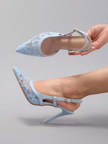 Fall/Winter 2025 Women's Lace Patchwork Pointed Toe High Heel Sandals, Hollow Out Breathable Sexy Fashion Party Stilettos, Elegant, Women Pumps,Elegant - Baby Blue - View 6