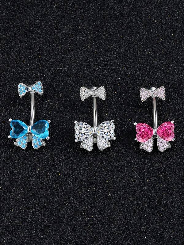 Joyería de verano para dama - Anillo de ombligo con lazo rosado, diamante y diseño perforado, 1 pieza, para decoración de playa y vacaciones