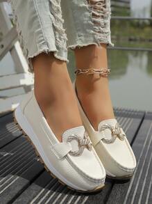 New Fashion Thick Sole Wedge Heel Casual Slip-On Flat Shoes, Sweet Cute And Versatile For All Seasons, Patchwork Metal Chain Decoration, Daily Commute & Vacation, High-Top Increased Height, Classic PU Leather Round Toe Comfortable Soft Beige Ladies Sneakers