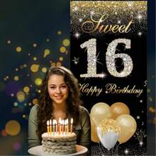1 pièce Décorations pour les 16e, 18e et 21e anniversaires - Décorations de fête noires et dorées avec bannière de porte, panneau de pelouse et toile de fond pour photo - Fournitures de fête d'anniversaire de 18 ans pour les adolescents
